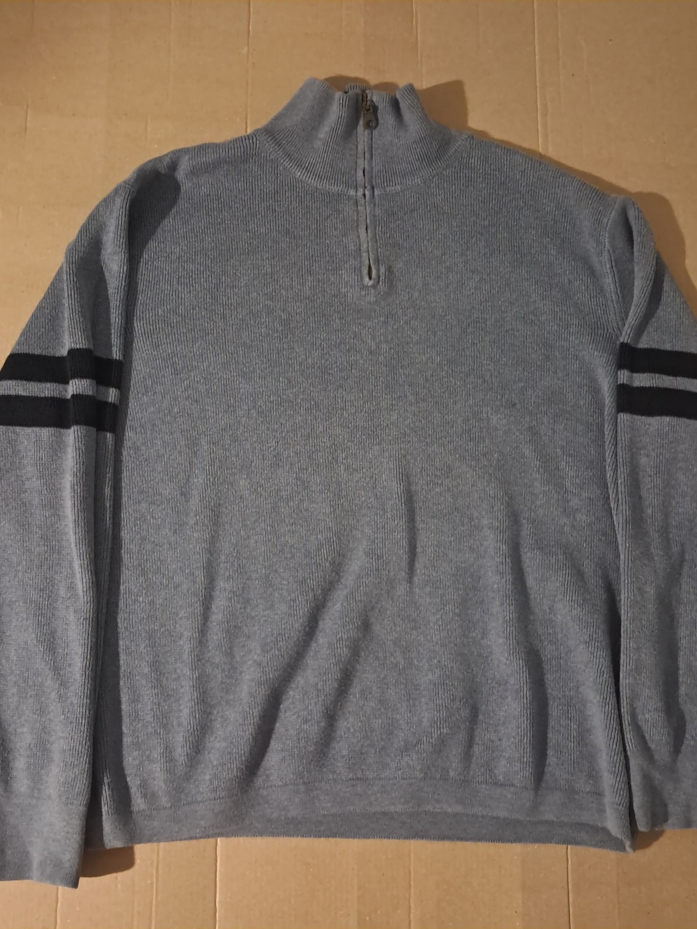 GAP Men's Gray Quarter-Zip Sweater with Black Sleeve Stripes